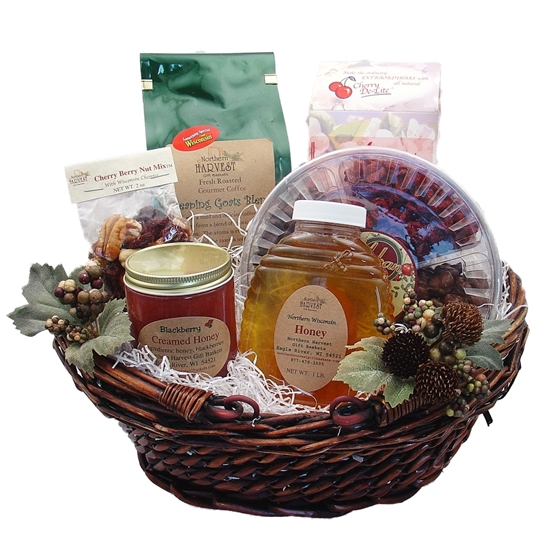 This tin is filled with 100% pure Wisconsin maple syrup, pancake mix with  extra flavor, and fresh roasted coffee roasted just before shipping. -  Northern Harvest Gift Baskets